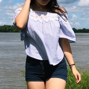 forever 21 blue/white off shoulder top